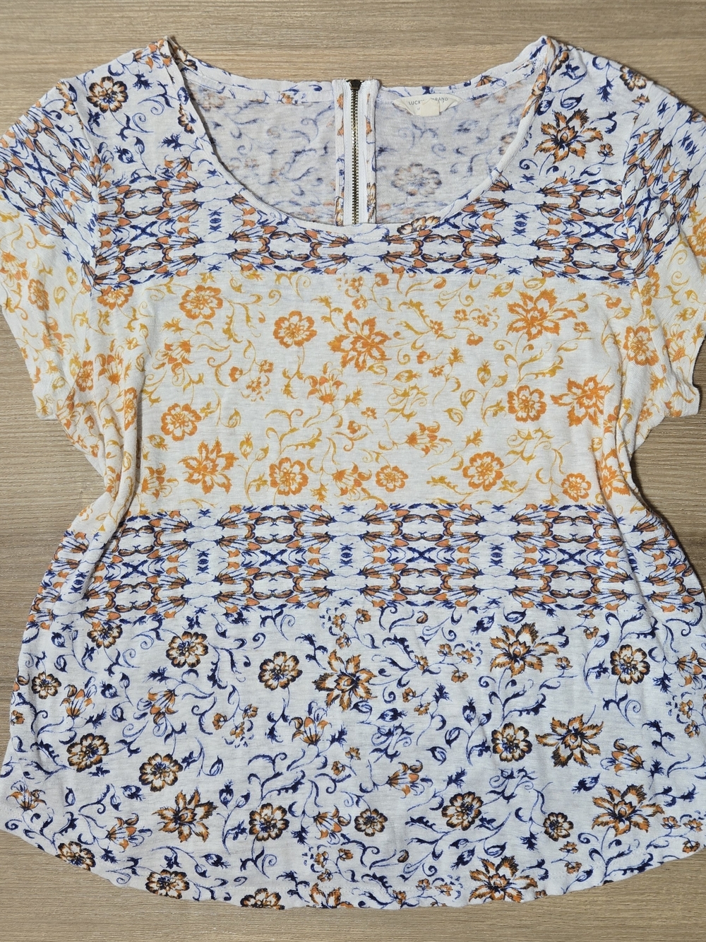 Lucky Brand Linen Blend Knit Short Sleeve Floral Top with Blue & Orange Print